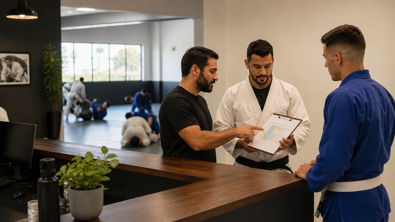 Gestor e professor conferindo planos e turmas ao lado do tatame de uma academia de Jiu-Jitsu