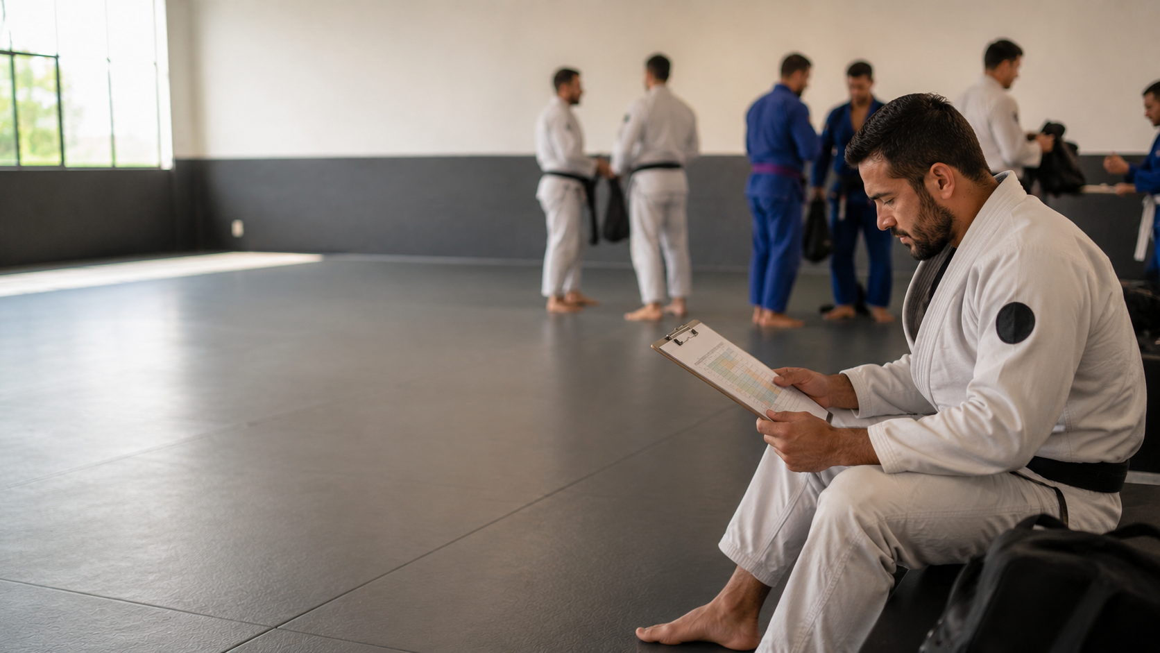 Professor analisando o histórico de alunos antes de uma graduação em uma academia de Jiu-Jitsu